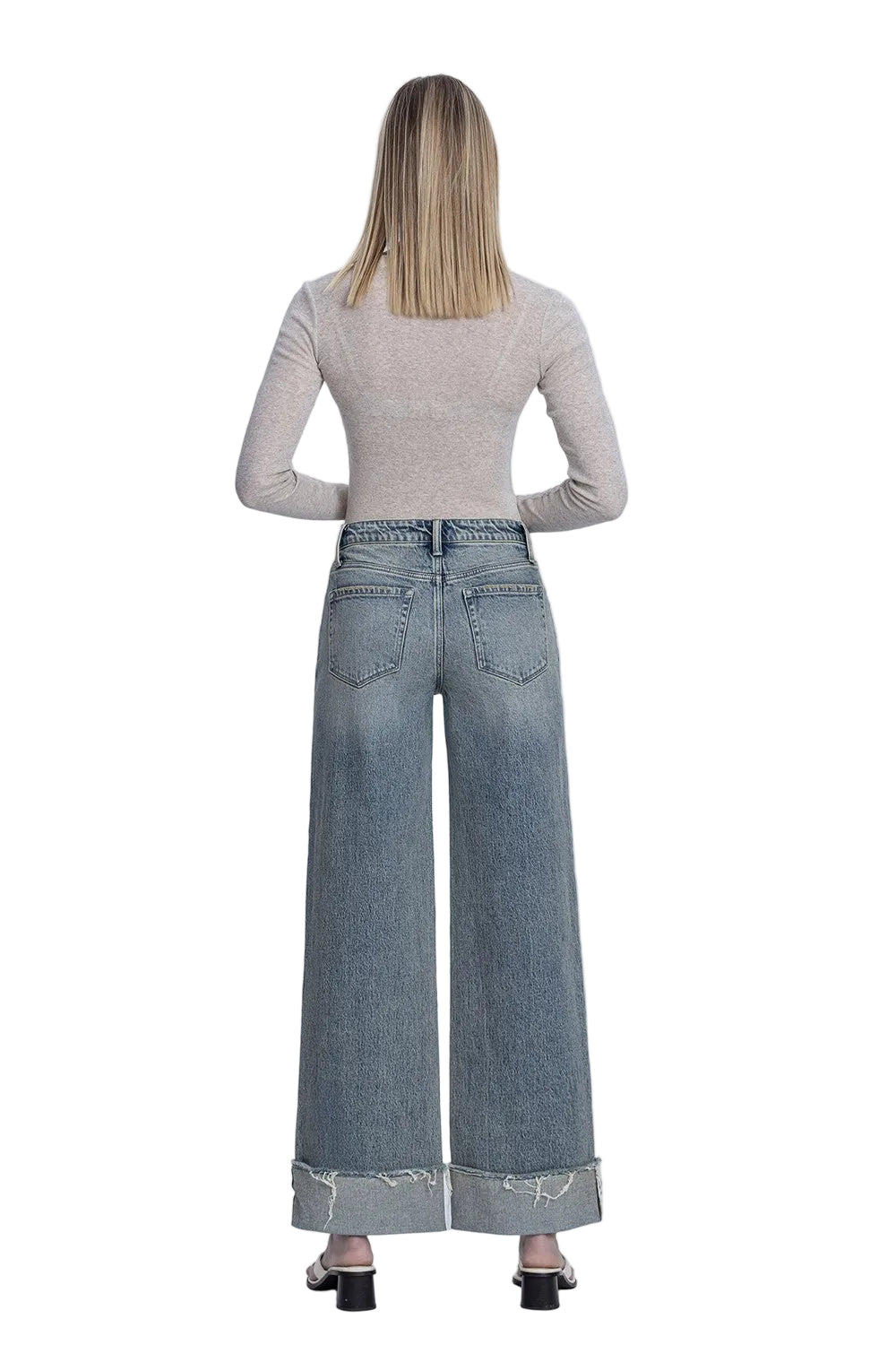 Vervet Women's High Rise Full Length Cuff Tinted Wide Leg Jeans T7326