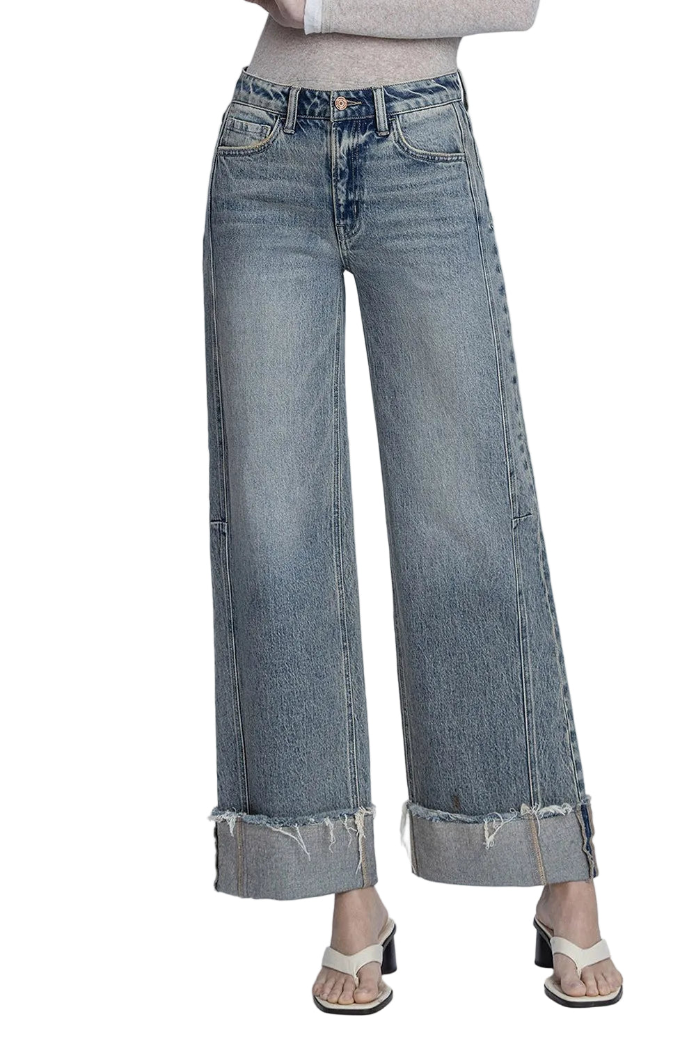 Vervet Women's High Rise Full Length Cuff Tinted Wide Leg Jeans T7326