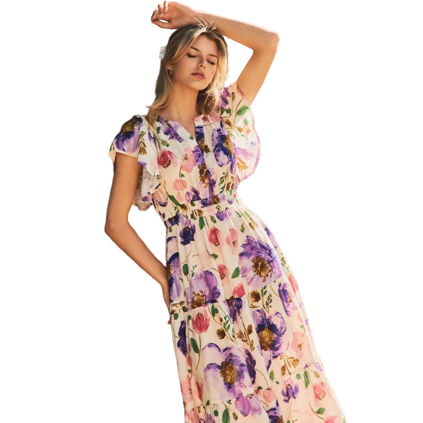 Women's Violet Garden Floral Printed Midi Dress ID18815