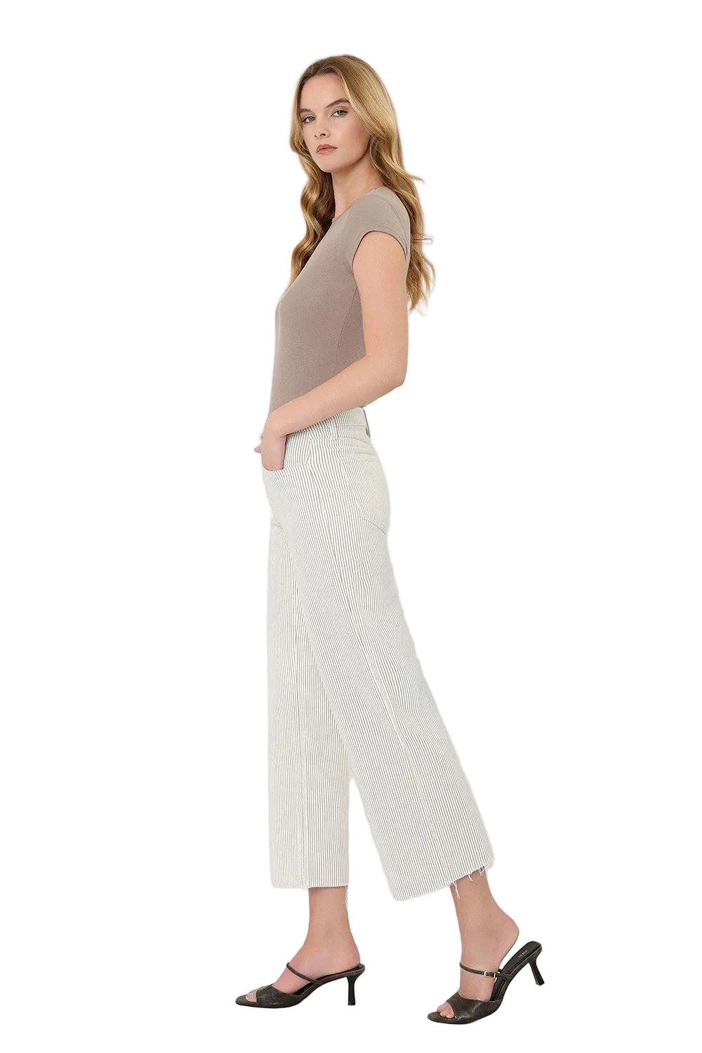 Vervet Women's High Rise Raw Hem Striped Crop Wide Leg Jeans 