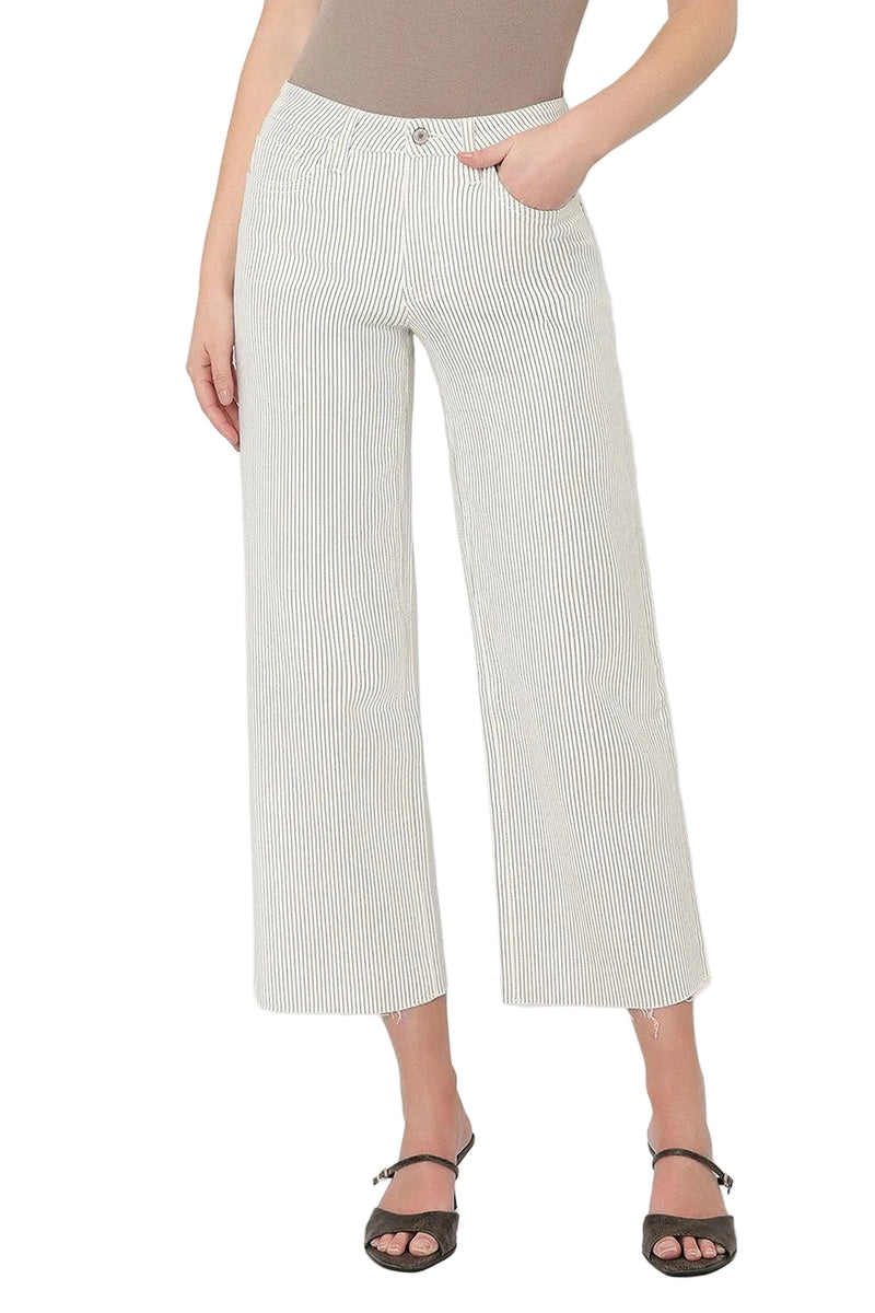 Vervet Women's High Rise Raw Hem Striped Crop Wide Leg Jeans 
