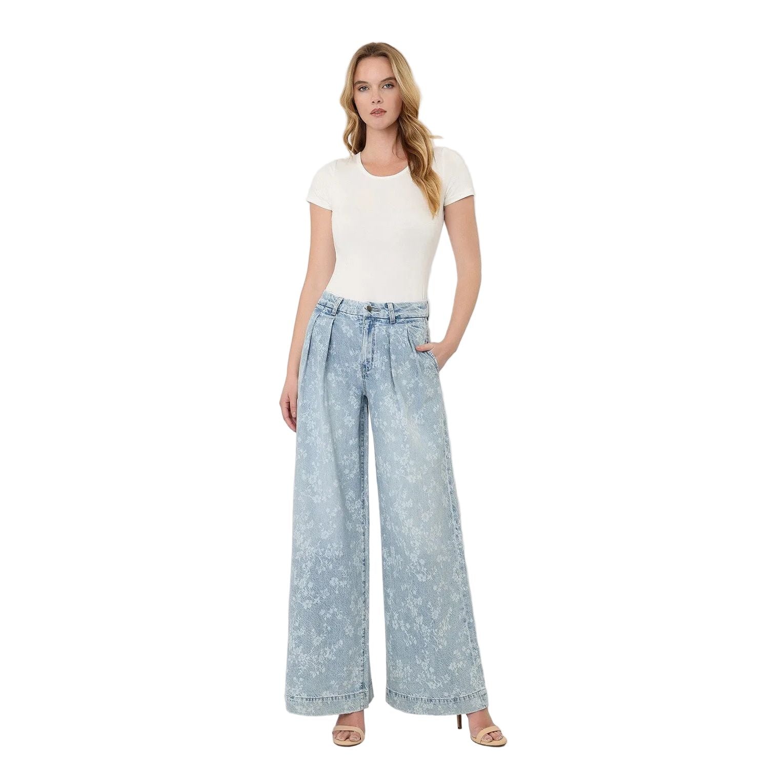 Women's Flying Monkey Super High Rise Floral Print Pleated Wide Leg Jean F9160SFP