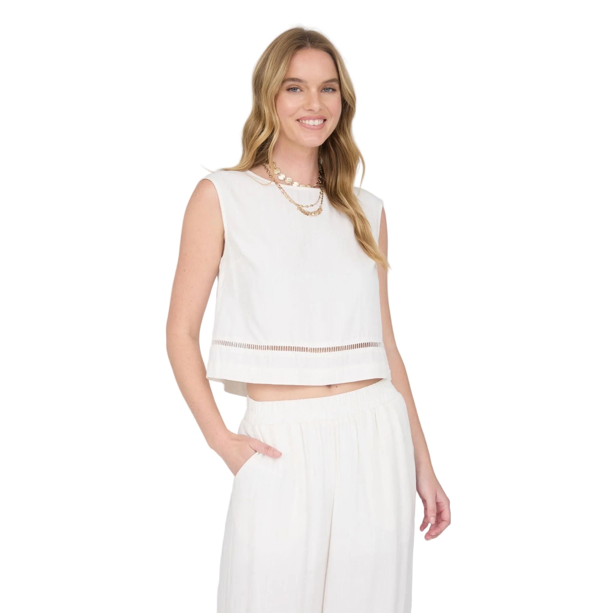 Women's Natural Sleeveless Ladder Lace Trim Linen Crop Top B6SX1024-T