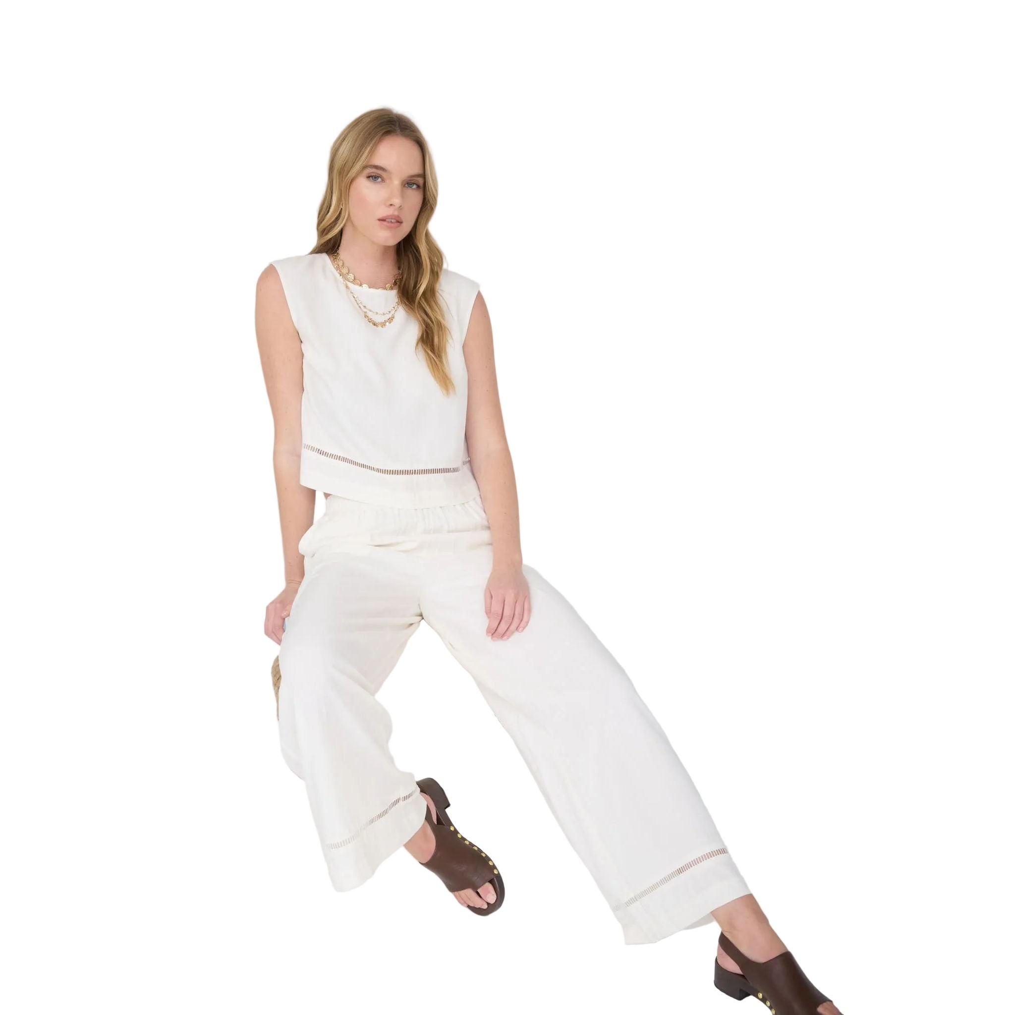 Women's Natural Ladder Lace Trim Wide Leg Linen Pants B6SX1024-B