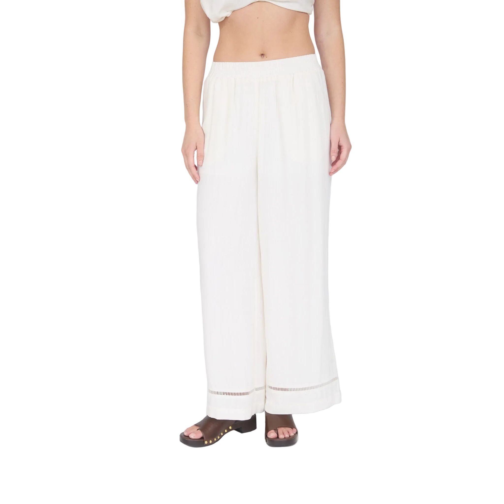 Women's Natural Ladder Lace Trim Wide Leg Linen Pants B6SX1024-B