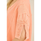 Women's Mineral Washed Cute Bow Trim Slit Blouse Top HT7250