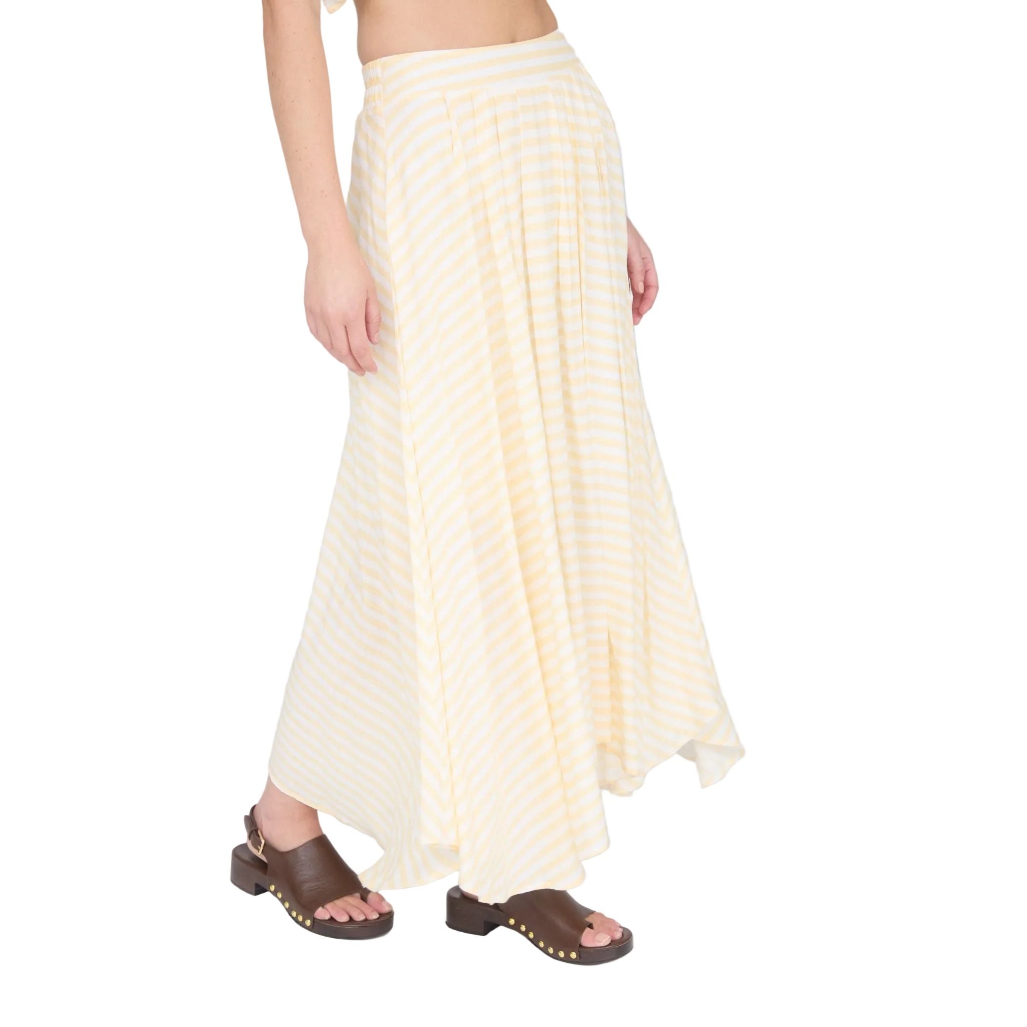 Women's Blu Pepper Butter Yellow Stripe High Waist Pleated Midi Skirt B5SX1001-B