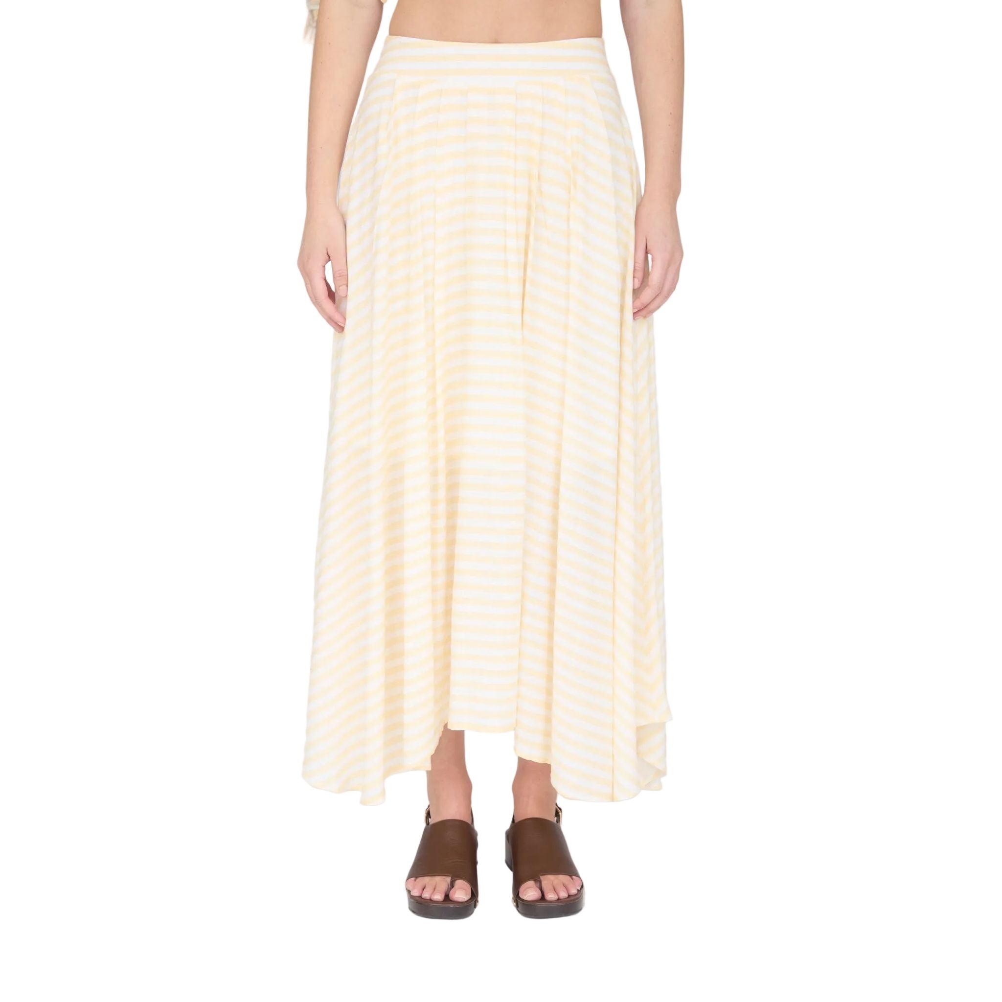 Women's Blu Pepper Butter Yellow Stripe High Waist Pleated Midi Skirt B5SX1001-B