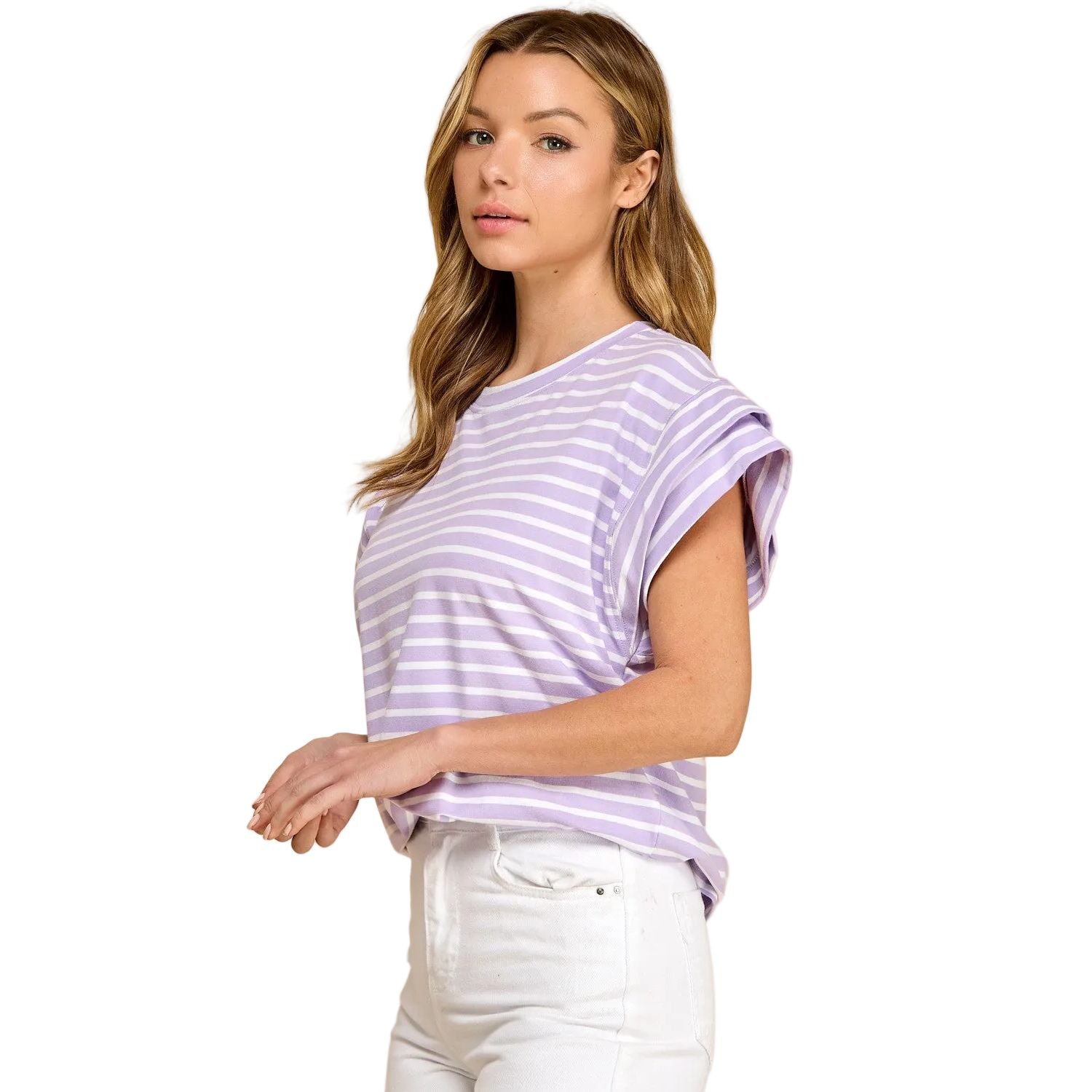 Women's Les Amis Striped Rolled Sleeve Knit Top T1827-A