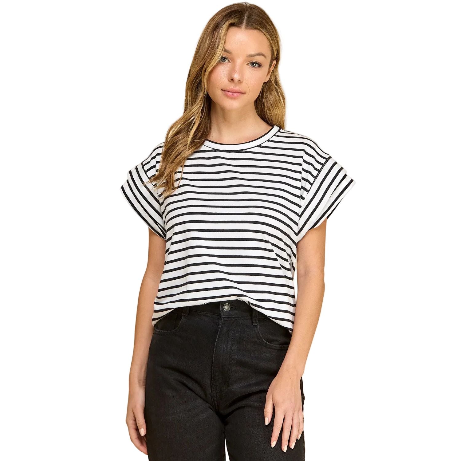 Women's Les Amis Striped Rolled Sleeve Knit Top T1827-A