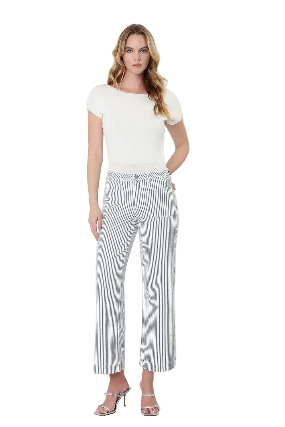 Vervet Women's High Rise Patch Pocket Crop Striped Wide Leg Jeans LV2292STR