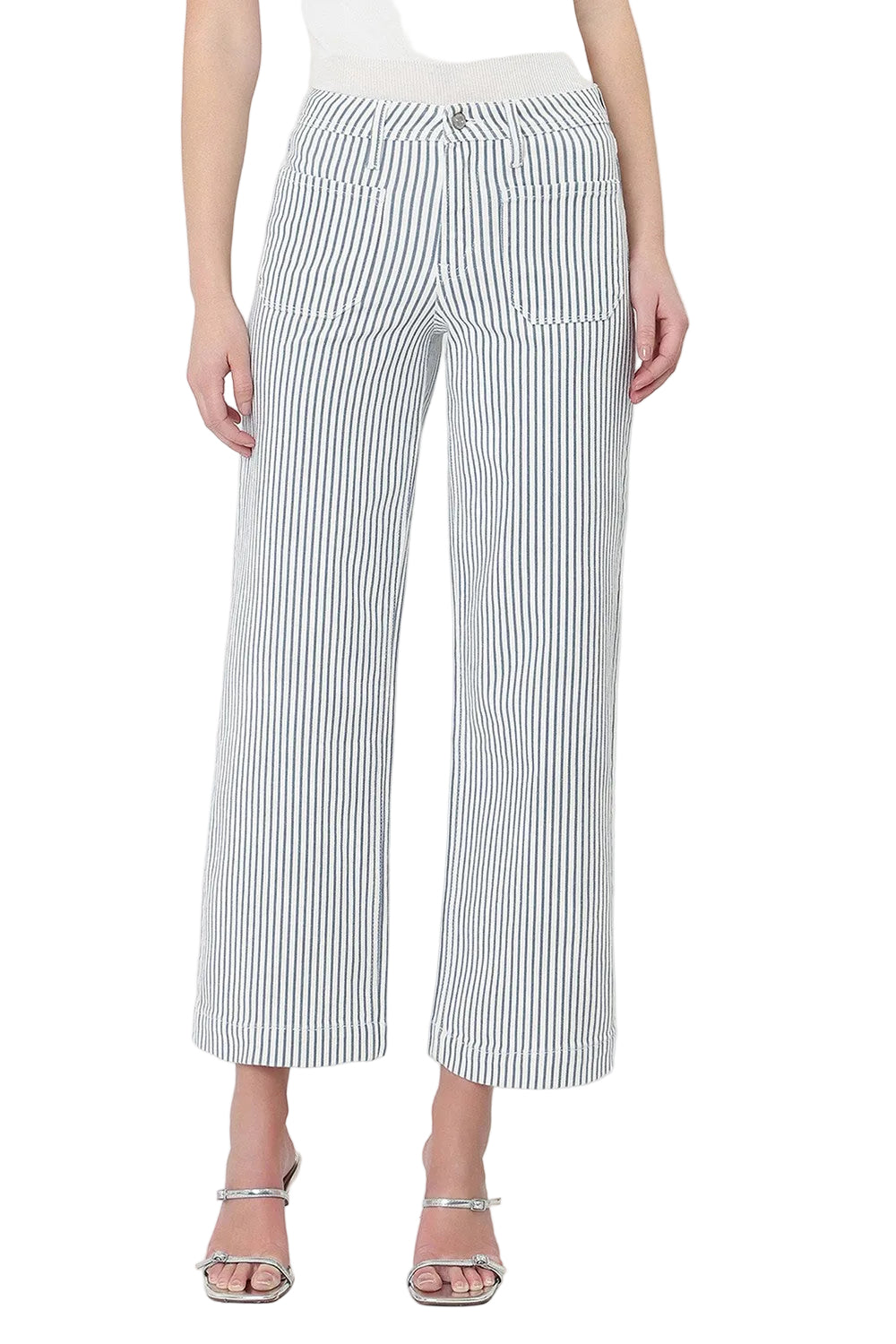 Vervet Women's High Rise Patch Pocket Crop Striped Wide Leg Jeans LV2292STR