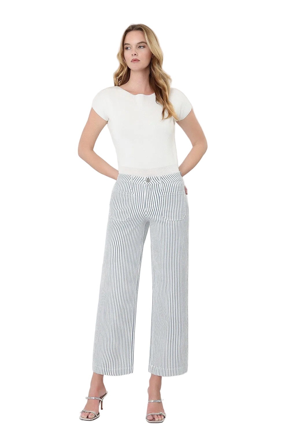 Vervet Women's High Rise Patch Pocket Crop Striped Wide Leg Jeans LV2292STR