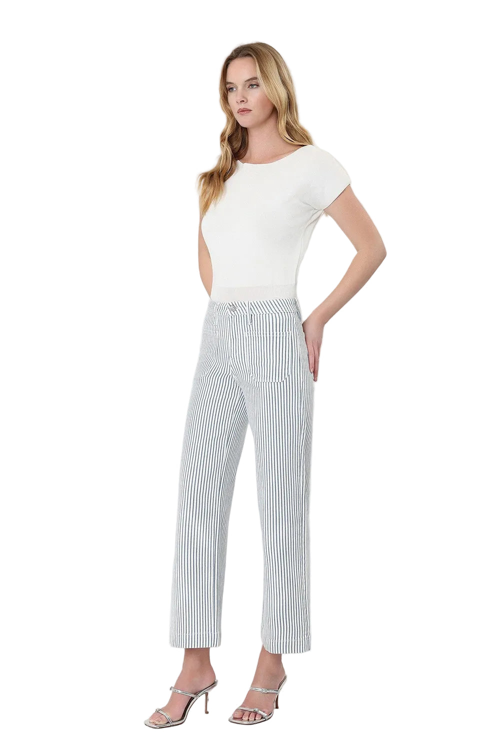 Vervet Women's High Rise Patch Pocket Crop Striped Wide Leg Jeans LV2292STR