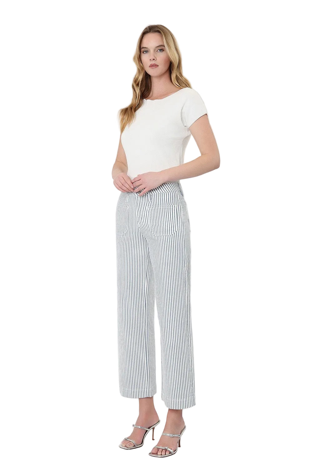Vervet Women's High Rise Patch Pocket Crop Striped Wide Leg Jeans LV2292STR
