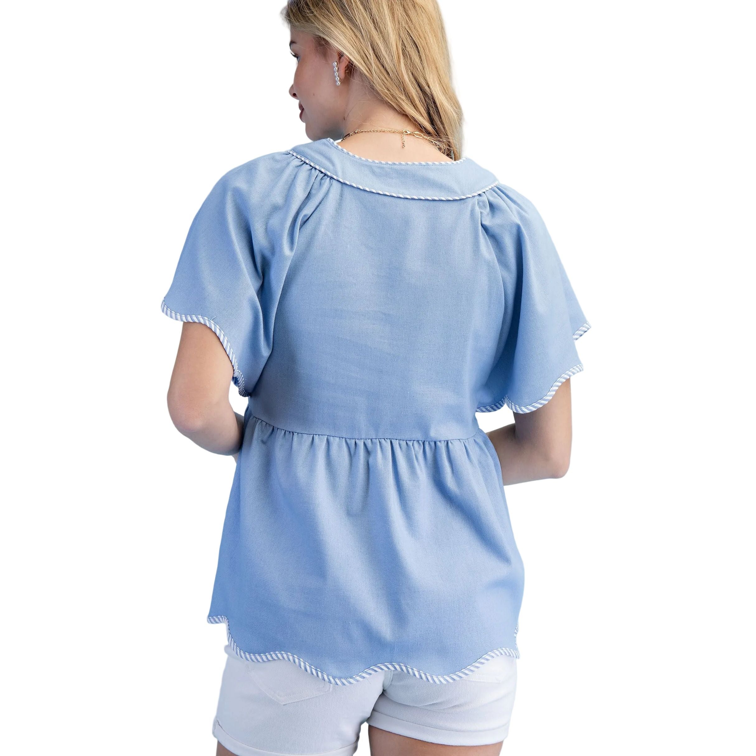 Women's Light Blue Linen V-neck Top With Striped Binding Details TE1872
