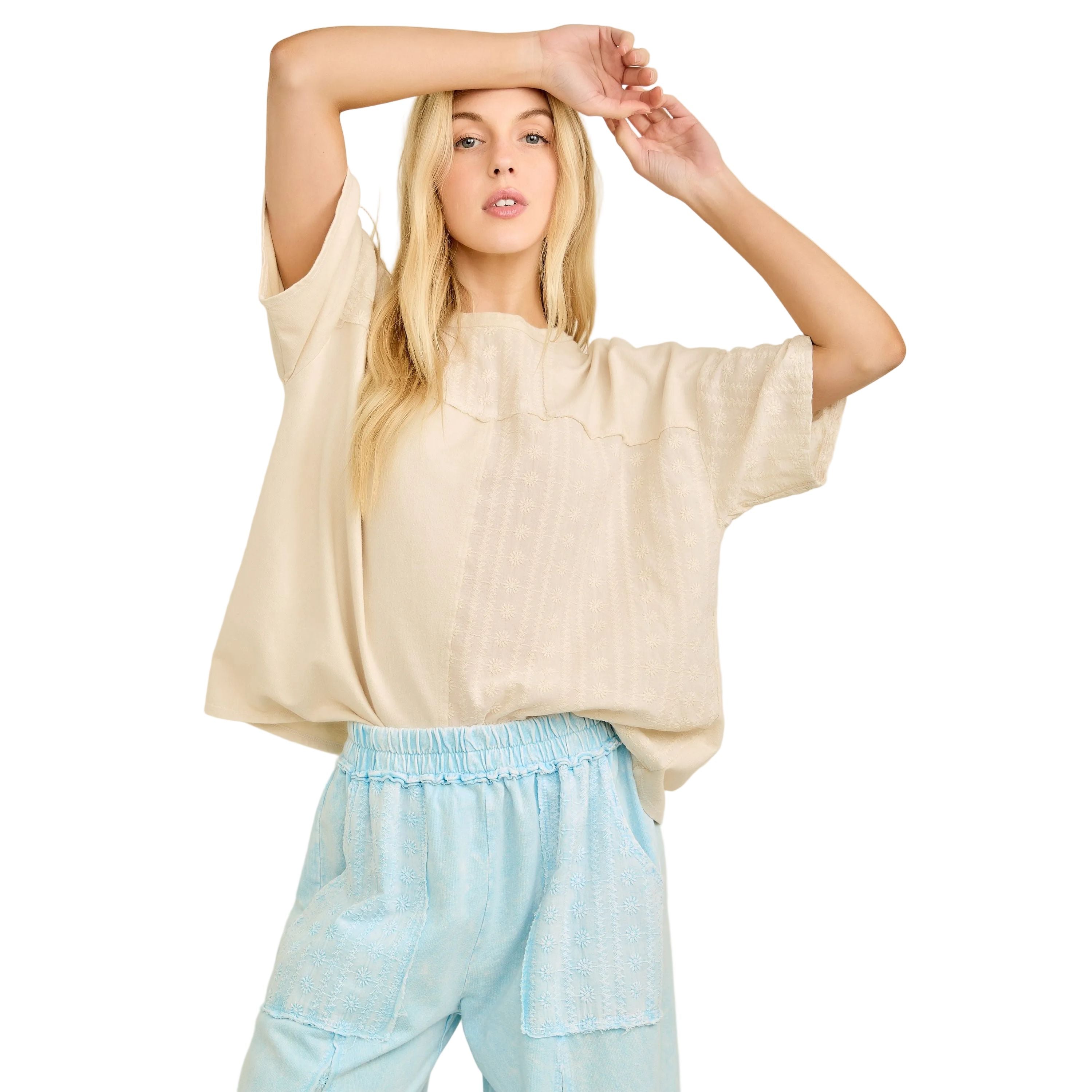 Women's Natural Mineral Washed Eyelet Block Tshirt Top HT7081