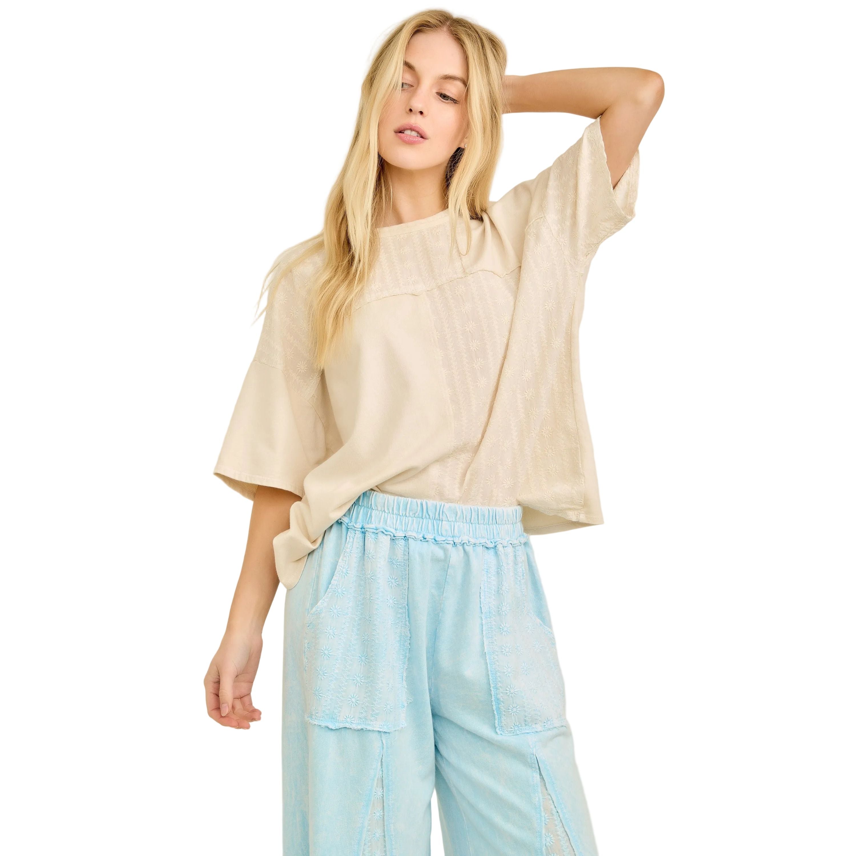 Women's Natural Mineral Washed Eyelet Block Tshirt Top HT7081