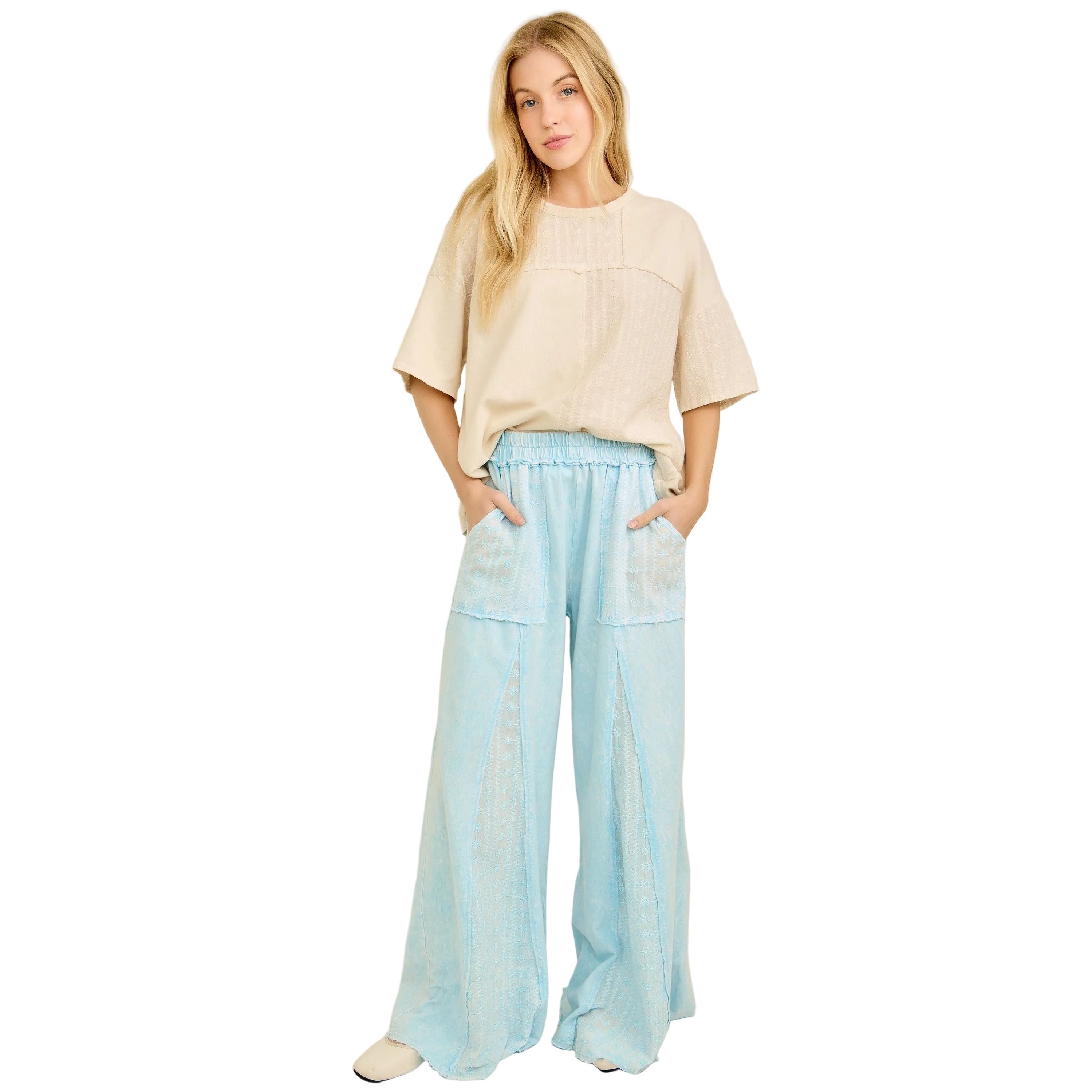 Women's Natural Mineral Washed Eyelet Block Tshirt Top HT7081