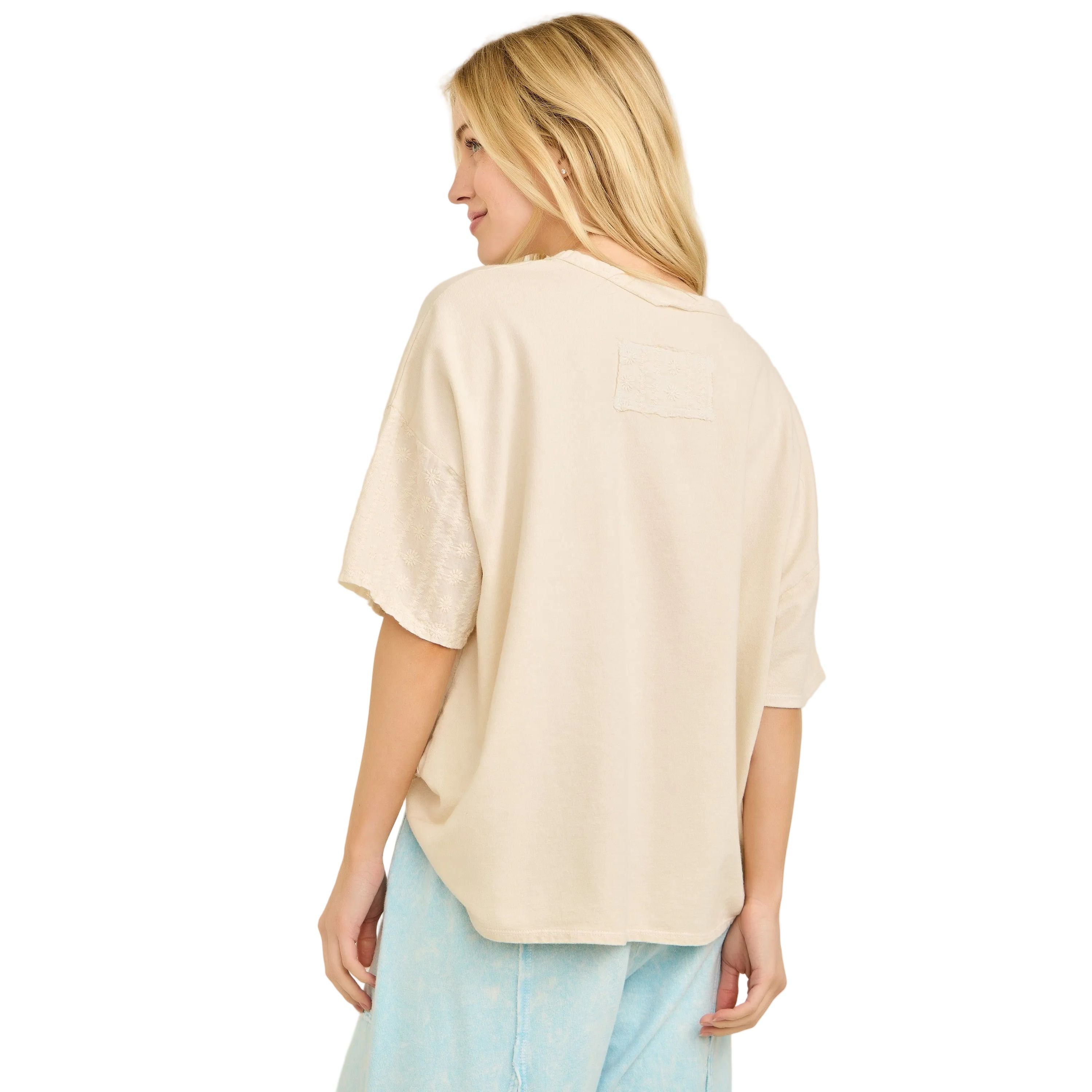 Women's Natural Mineral Washed Eyelet Block Tshirt Top HT7081