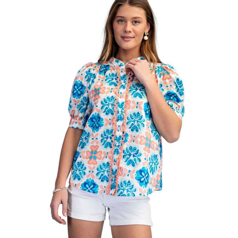 Women's Coral and Blue Abstract Floral Print Button Up Blouse TE1741