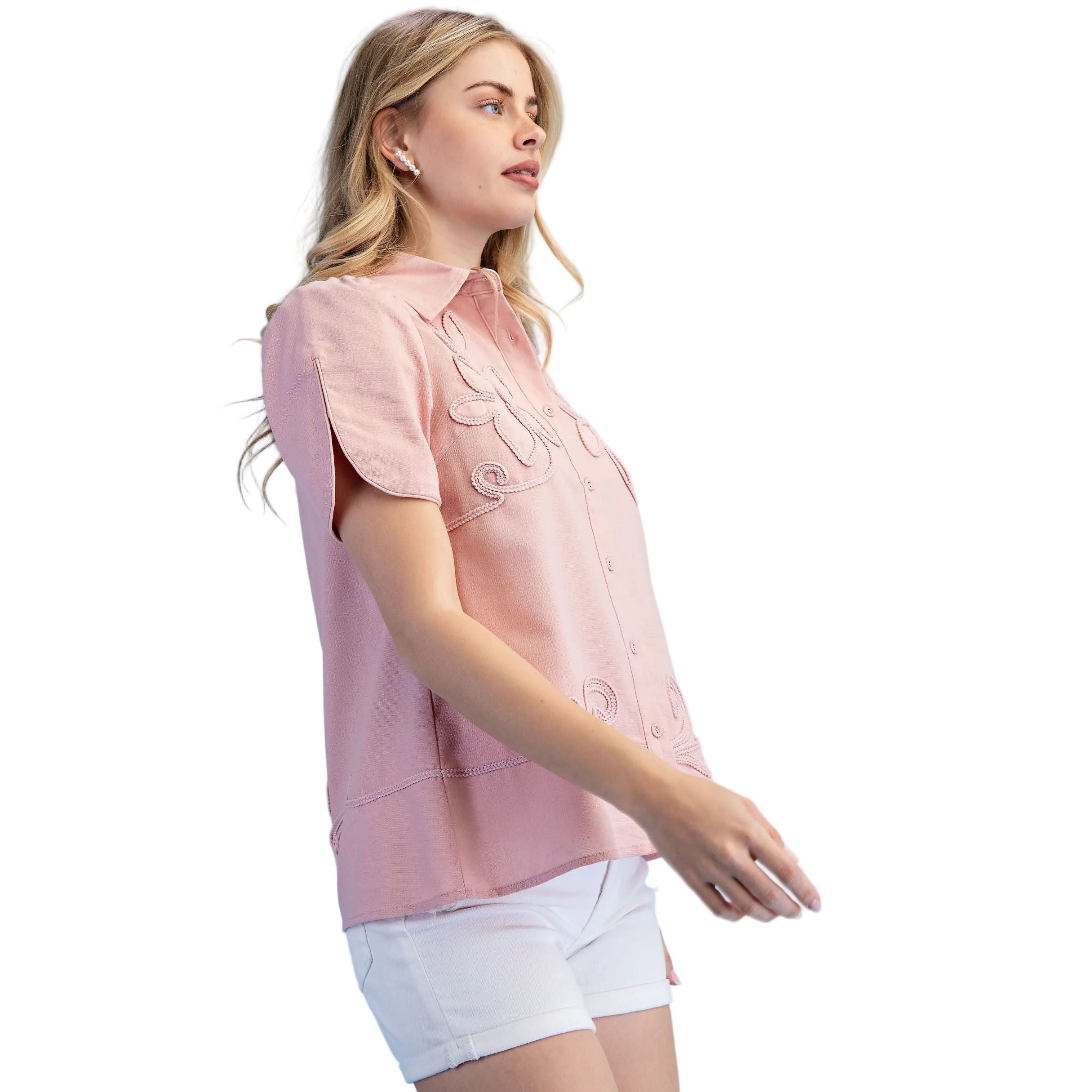 Women's Blush Pink Linen Button Down Blouse TE1805