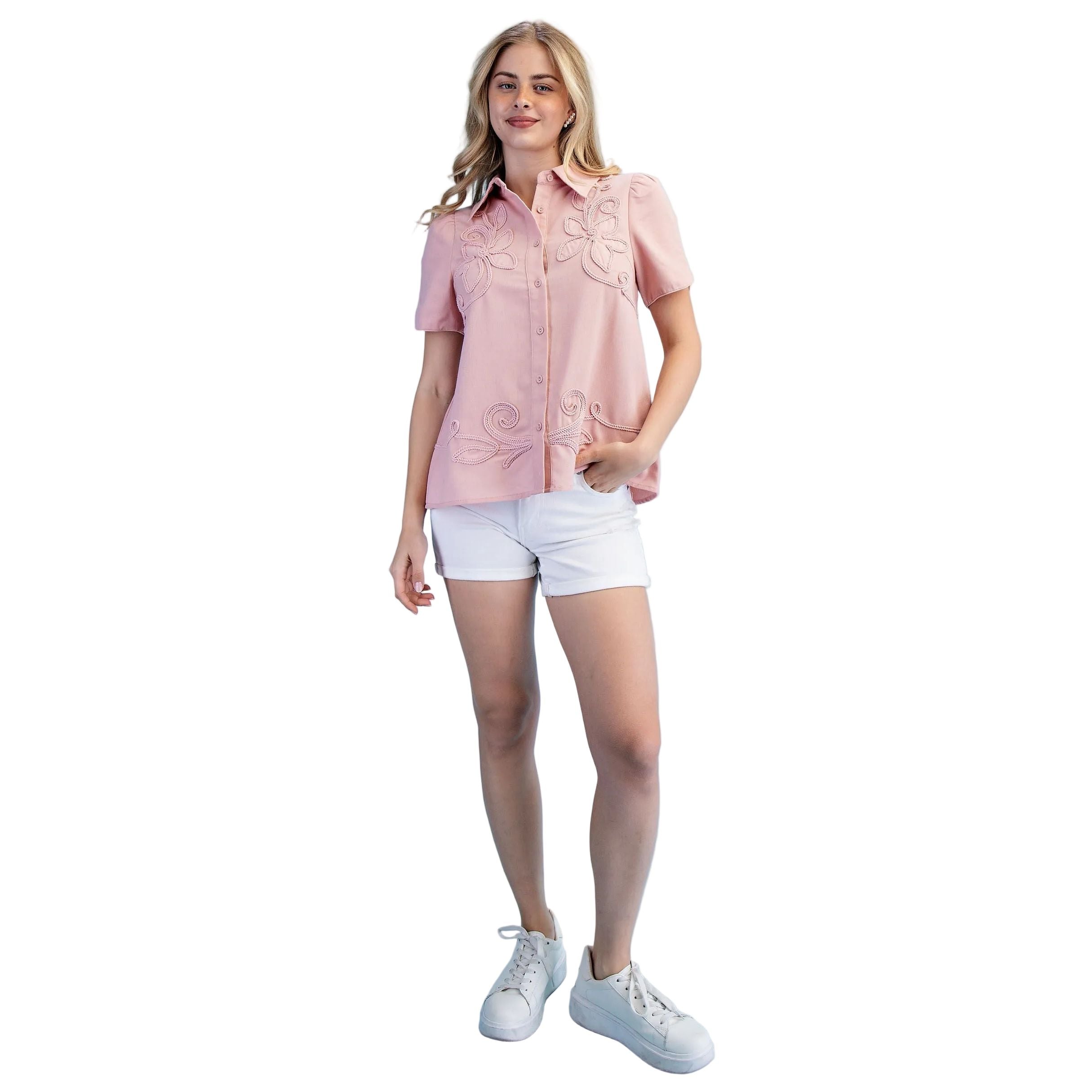 Women's Blush Pink Linen Button Down Blouse TE1805
