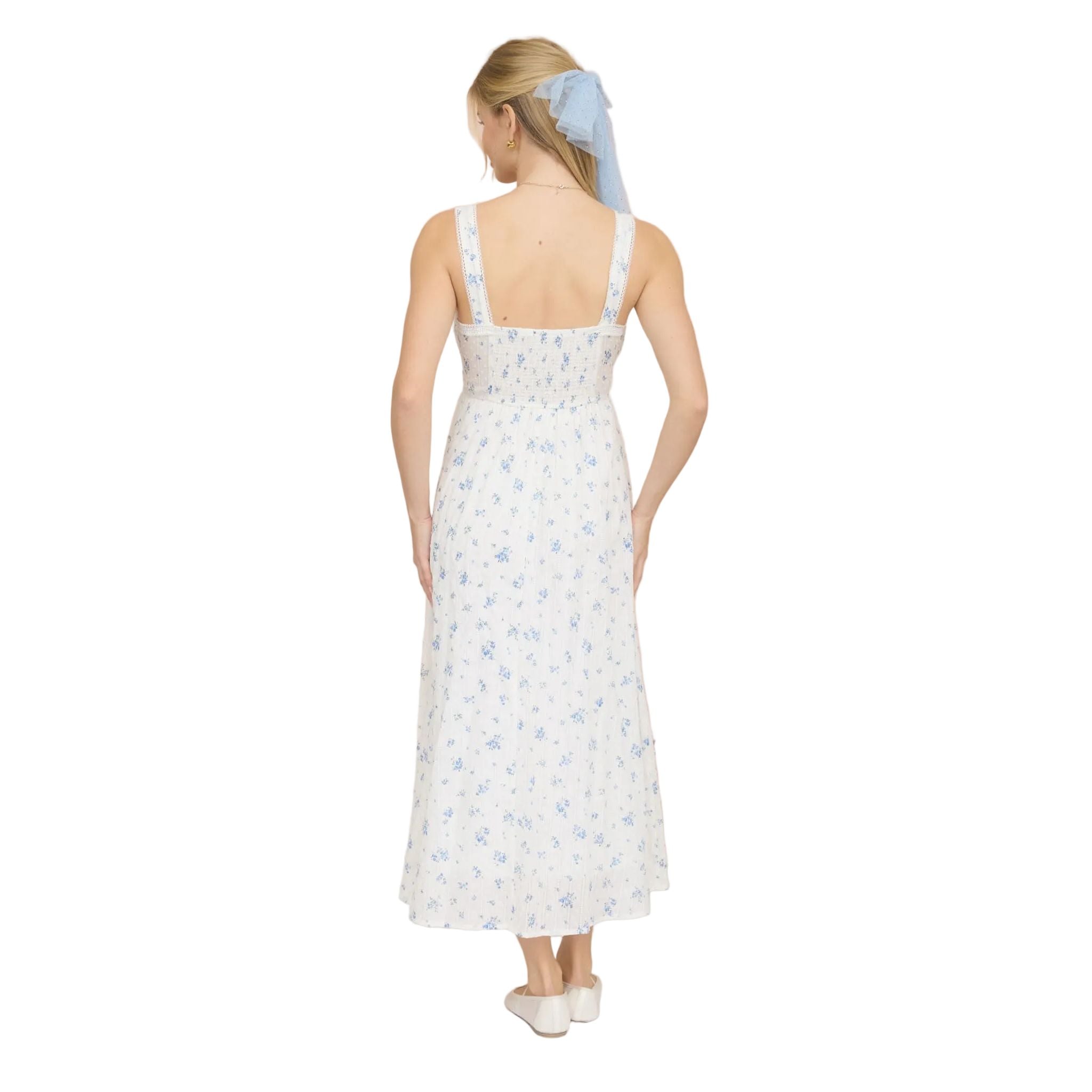 Women's Blu Pepper Blue and White Floral Stripe Clip Dot Sleeveless Maxi Dress CR2881