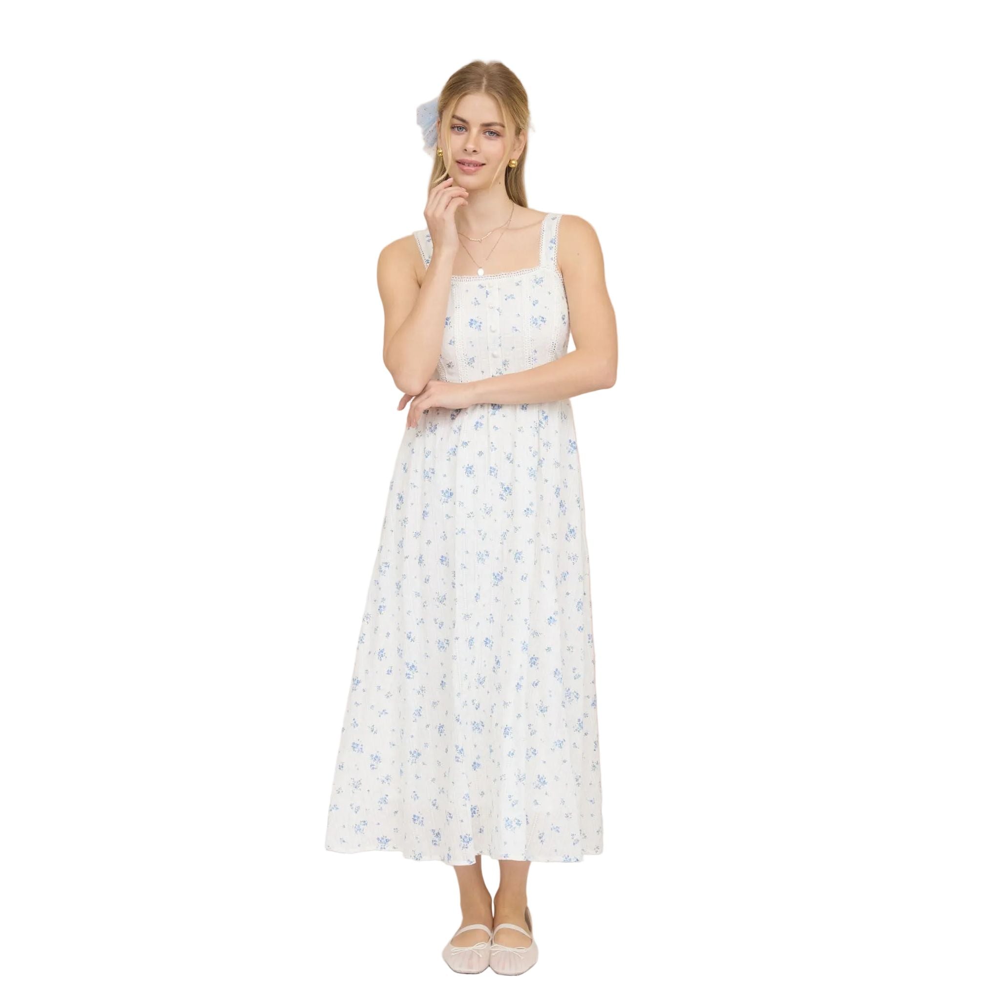 Women's Blu Pepper Blue and White Floral Stripe Clip Dot Sleeveless Maxi Dress CR2881