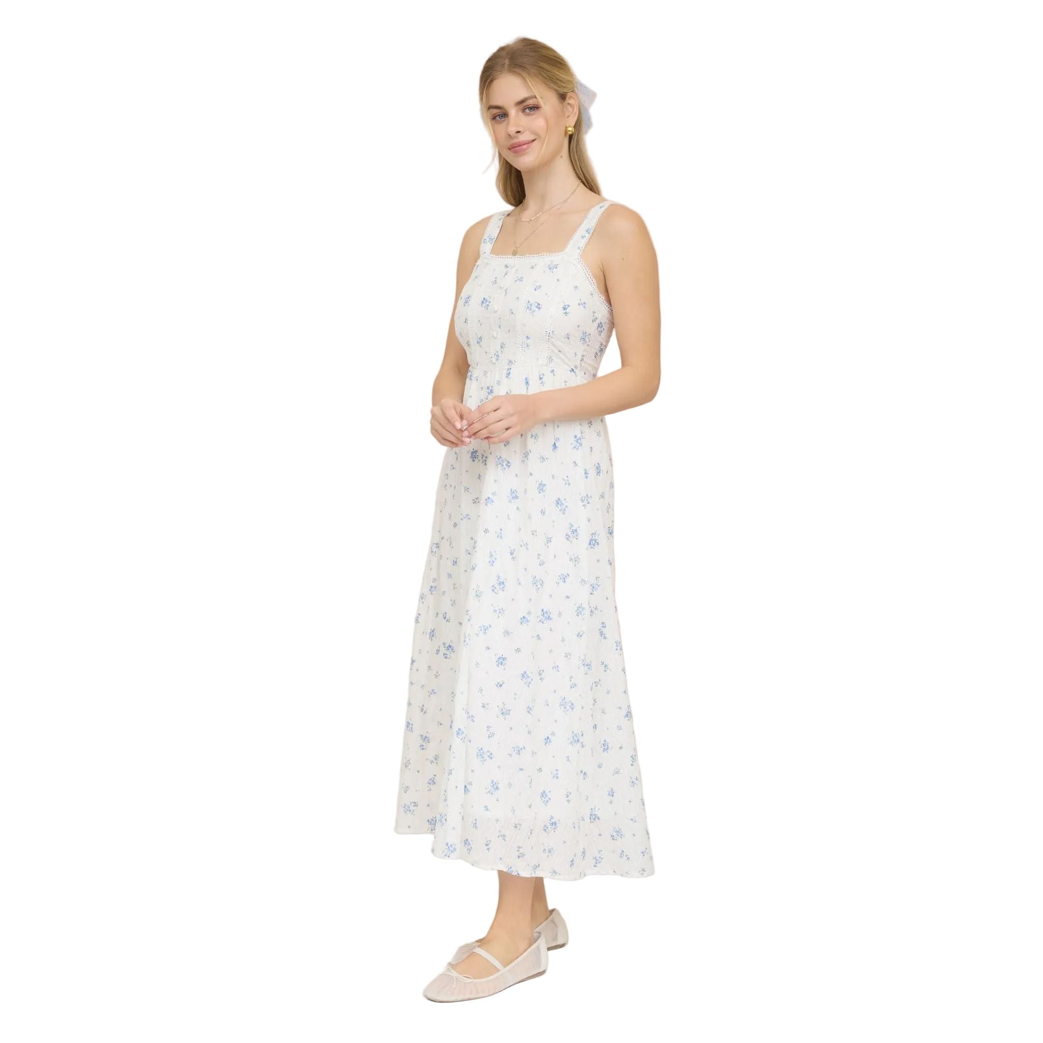 Women's Blu Pepper Blue and White Floral Stripe Clip Dot Sleeveless Maxi Dress CR2881