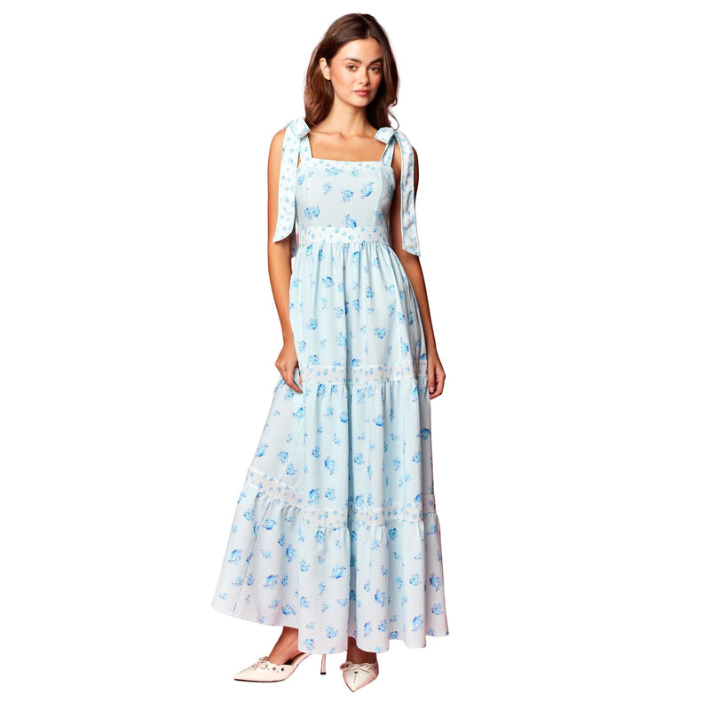 Women's Blue and White Floral Print Tie Strap Maxi Dress R30772D