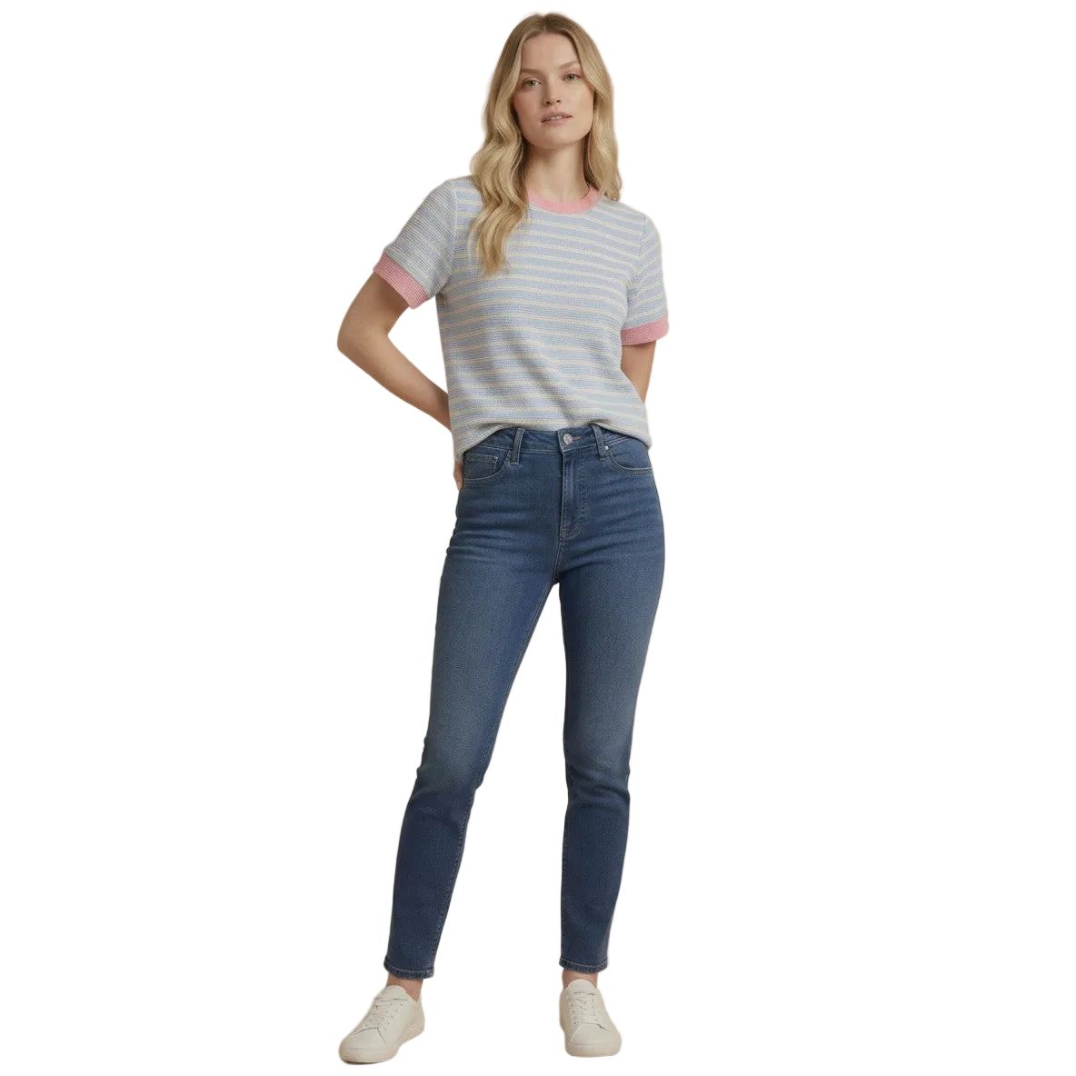 Women's Tres Bien Cloudy Knit Colorblock Ringer Short Sleeve Round Neck Top T-42356