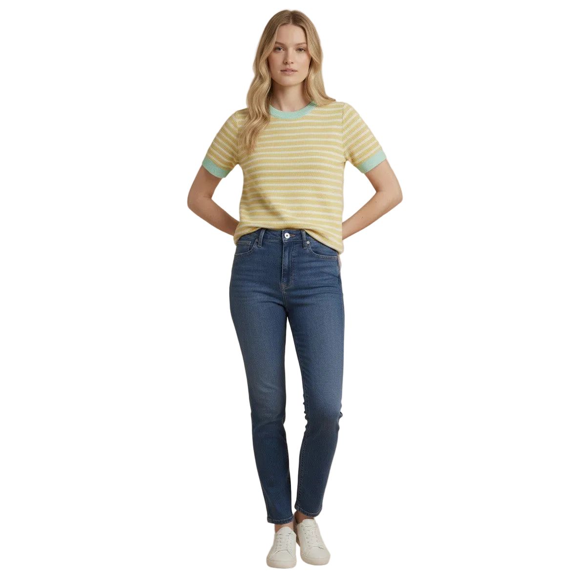 Women's Tres Bien Cloudy Knit Colorblock Ringer Short Sleeve Round Neck Top T-42356