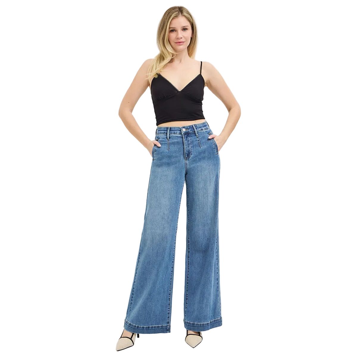 Women's Risen Tummy Control Elastic Band High Rise Wide Jeans PW21734