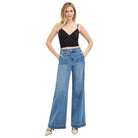 Women's Risen Tummy Control Elastic Band High Rise Wide Jeans PW21734