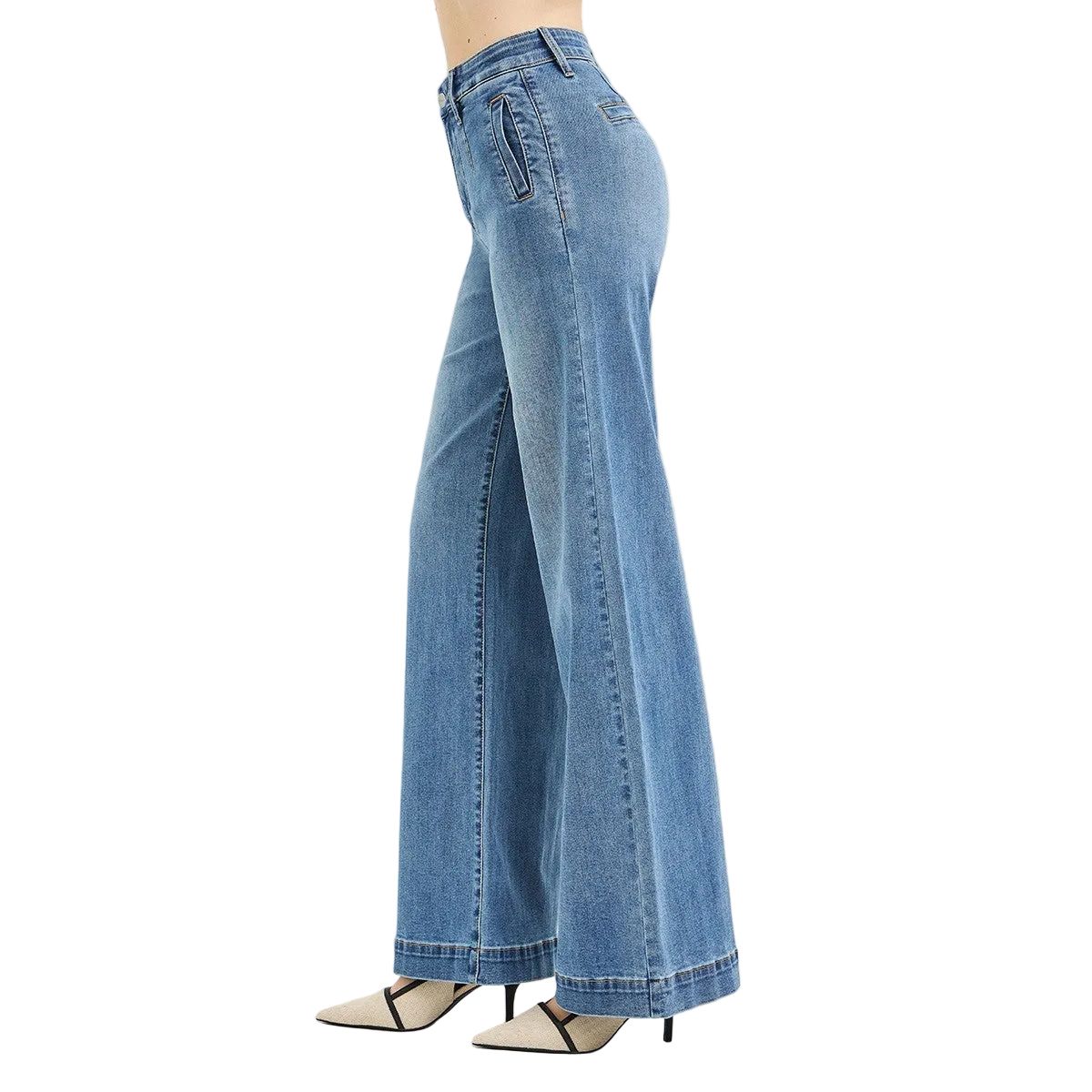 Women's Risen Tummy Control Elastic Band High Rise Wide Jeans PW21734