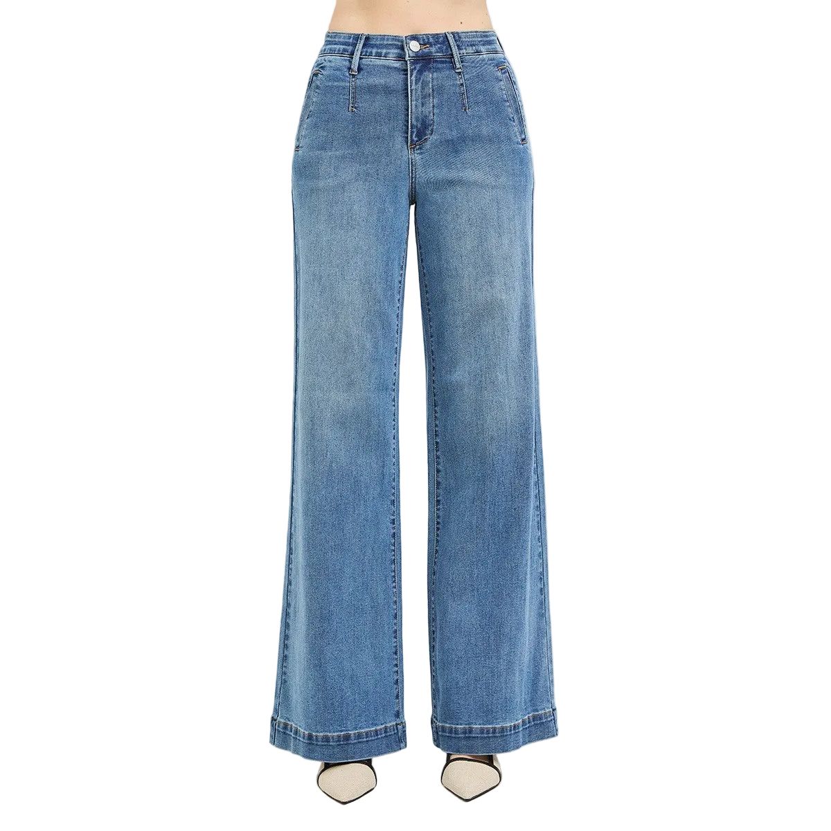 Women's Risen Tummy Control Elastic Band High Rise Wide Jeans PW21734