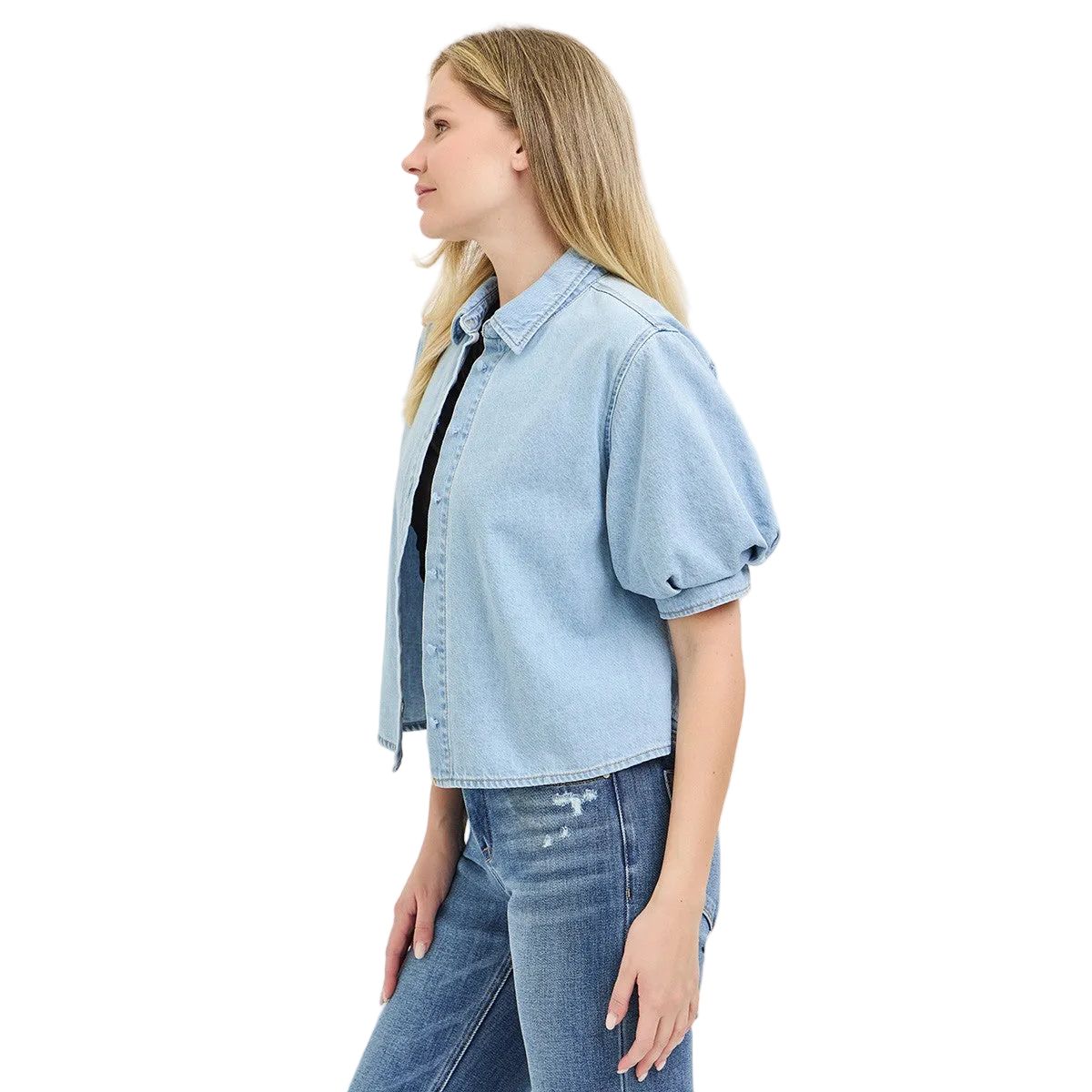 Women's Risen Light Denim Puff Short Sleeve Shirt RDJ9308