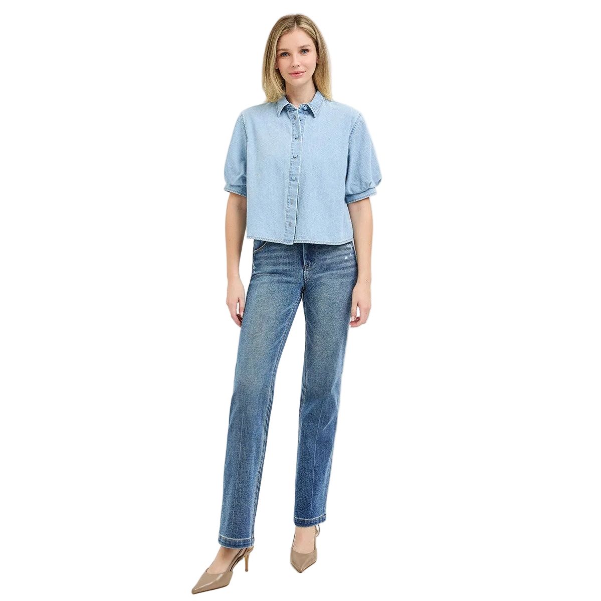 Women's Risen Light Denim Puff Short Sleeve Shirt RDJ9308