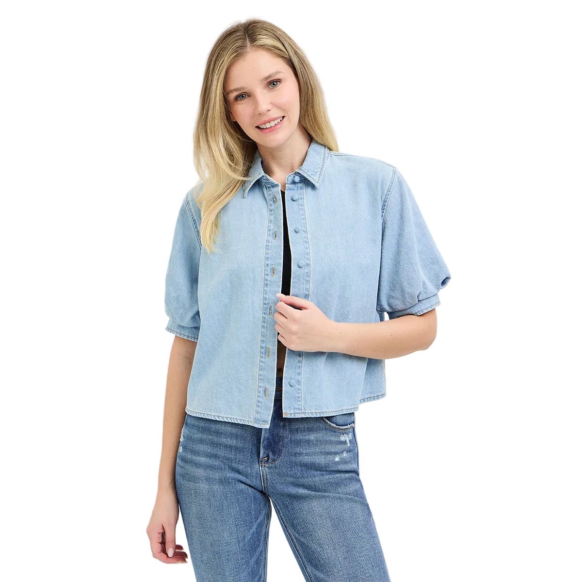 Women's Risen Light Denim Puff Short Sleeve Shirt RDJ9308