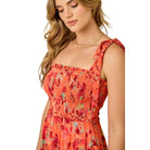 Women's Orange Shoulder Tie FLoral Chiffon Midi Dress 71021