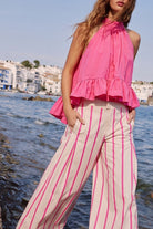 Women's Glam Hot Pink Halter Neck Sleeveless Back Neck Tie Ruffle Top T8128