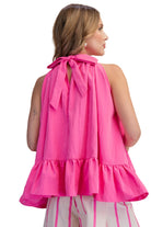 Women's Glam Hot Pink Halter Neck Sleeveless Back Neck Tie Ruffle Top T8128