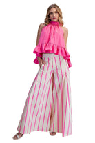 Women's Glam Hot Pink High Waist Wide-Leg Pop Color Stripe Pants P9126