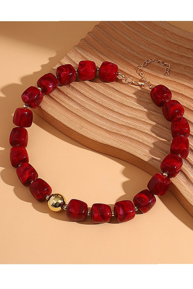 Women's Dark Red Resin Bead Necklace 