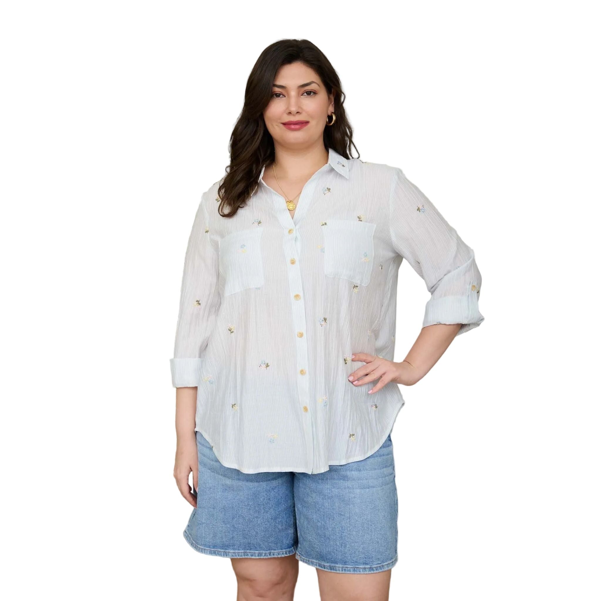 Women's Blu Pepper Light Blue Stripe Floral Embroidery Long Sleeve Top CR2784