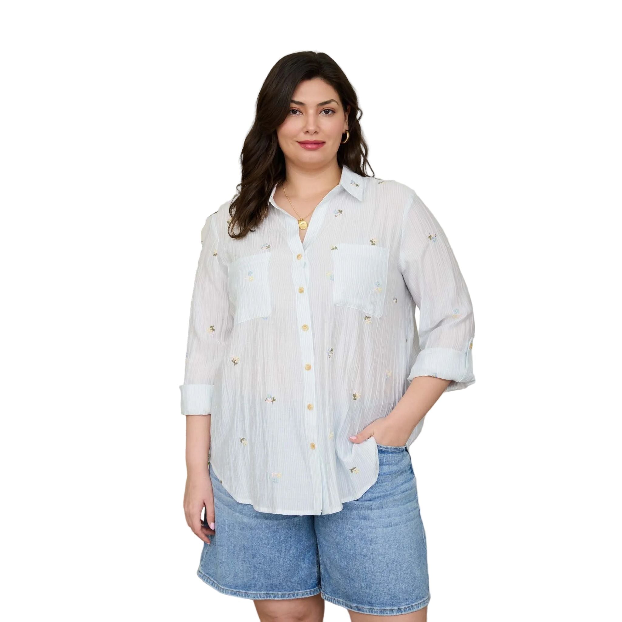 Women's Blu Pepper Light Blue Stripe Floral Embroidery Long Sleeve Top CR2784