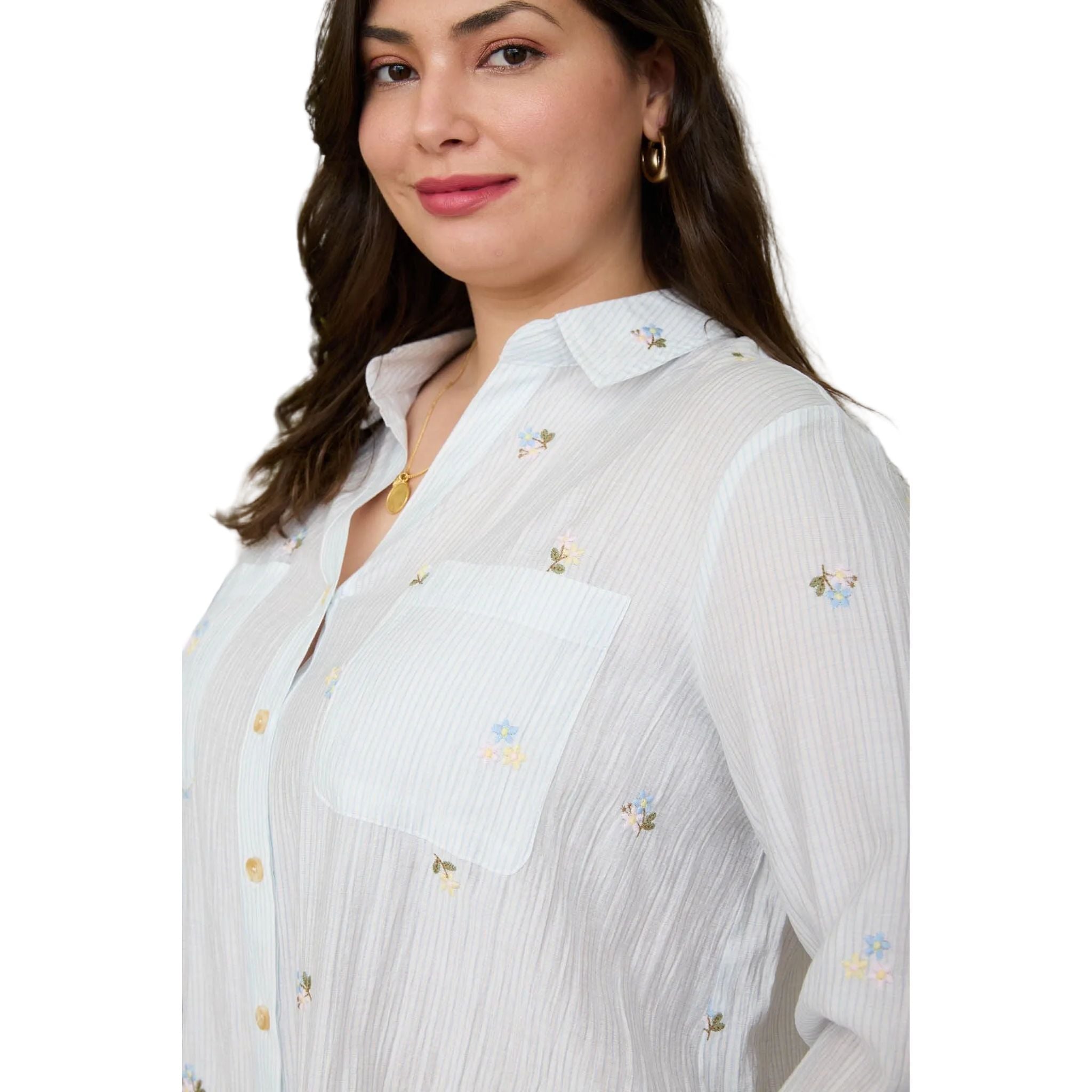 Women's Blu Pepper Light Blue Stripe Floral Embroidery Long Sleeve Top CR2784