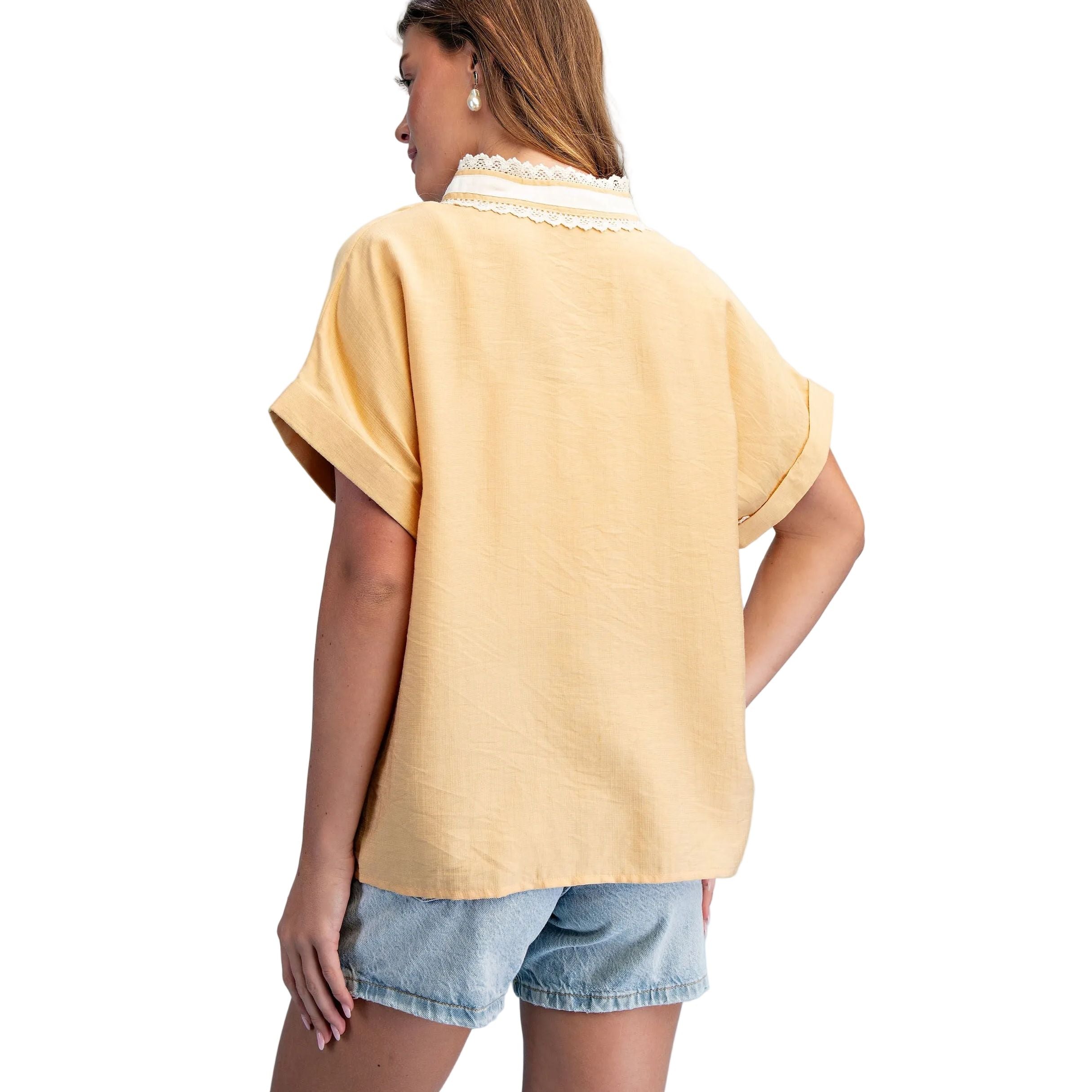 Women's Honey V-neck Pullover Top with Lace Trimmed Stripe Details TY1224