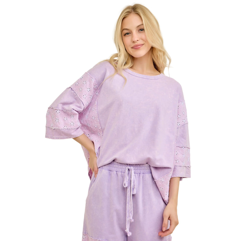 Women's Lavender Mineral Washed Eyelet Lace On Sleeves And Side Top HT7021